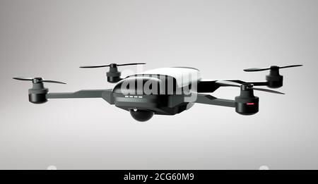 A modern drone in mid flight. Commerical and consumer level drone quadcopter. 3D illustration. Stock Photo