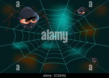 Halloween banner with spiders and spiderweb. Halloween sale background or poster with creepy spiders, cobweb and copy space. Stock vector illustration Stock Vector