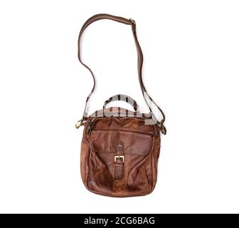 Used vintage leather bag, suitcase briefcase isolated on white Stock Photo