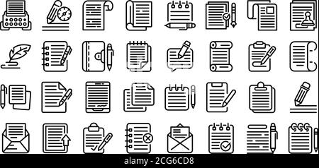 Writing icons set, outline style Stock Vector