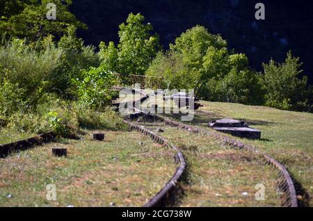 The abandonned railway station of Urdos in the Pyrénées mountain. This railway line used to link Pau (southern France) to Canfranc, northern Spain). Stock Photo