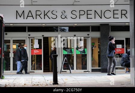 Bolton, Lancashire, 9th September 2020. The people of Bolton face their first full day of a new stricter lockdown today. Pubs, bars and restaurants are only allowed to serve a take away service, while it is not allowed to meet anyone from outside your family. Marks and Spencer, Deansgate, Bolton. Credit: Paul Heyes/ Alamy Live News Stock Photo