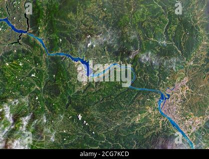 Yangtze River, China,  the longest river in Asia showing the Three Gorges Dam showing the effects of excessive rainfall in 2020 Stock Photo