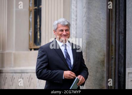 Ottawa, Canada. September 9th, 2020. Opposition House Leader Gérard Deltell, Canadian Conservative Party MP for Louis-Saint-Laurent meets with media while arriving at first National Caucus under new leader to discuss the party's strategy when the currently prorogued parliament resumes in 2 weeks. Stock Photo
