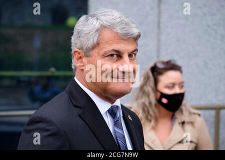 Ottawa, Canada. September 9th, 2020. Opposition House Leader Gérard Deltell, Canadian Conservative Party MP for Louis-Saint-Laurent meets with media while arriving at first National Caucus under new leader to discuss the party's strategy when the currently prorogued parliament resumes in 2 weeks. Stock Photo