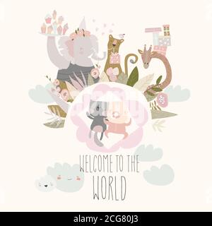 Cute little girl sleeping with cat. Baby shower Stock Vector