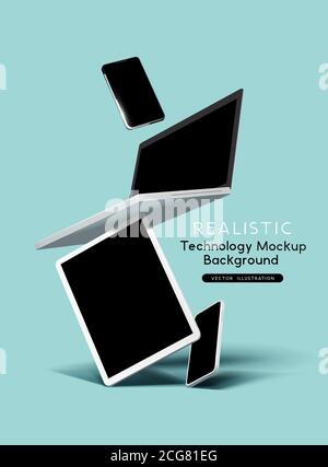 Realistic vector illustration of mobile business technology devices including a tablet, laptop and smartphones. Stacked and floating composition. Stock Vector