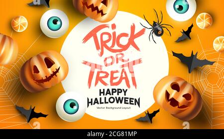 Spooky and fun happy halloween event mockup design background. including bats, sweets, and grinning jack o lantern pumpkins. Vector illustration. Stock Vector