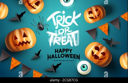 Spooky happy halloween event mockup design background. including bats, party bunting, and grinning jack o lantern pumpkins. Vector illustration. Stock Vector