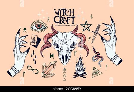 A collection of witchcraft signs and traditional symbols. Hand craft elements with crystals, a ram skull, witch hands, spells and charms. Stock Vector