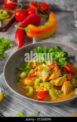 Spicy indian meal with meat, vegetable and bread Stock Photo