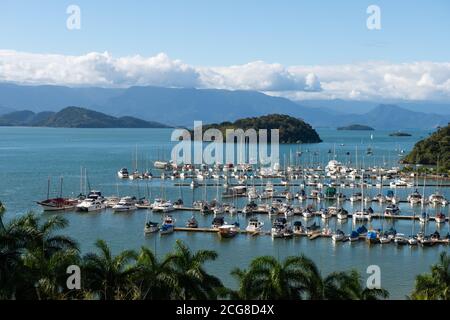 Boats moored at a marina in Paraty, SE Brazil Stock Photo