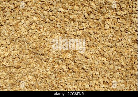 Fresh wholegrain oats background. Raw oatflakes backdrop. Top view Stock Photo