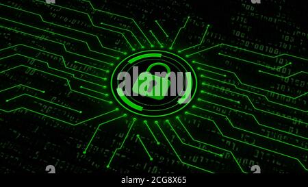 Digital security concept - closed padlock in center of concentric rings and data circuit lines in front of a binary code screen Stock Photo