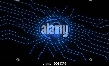 Digital security concept - closed padlock in center of concentric rings and data circuit lines - graphic elements in blue color on black background Stock Photo