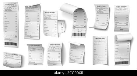 Realistic bills. Shopping purchase bill, retail payment purchase blank, supermarket sale paper isolated vector illustration icons set Stock Vector