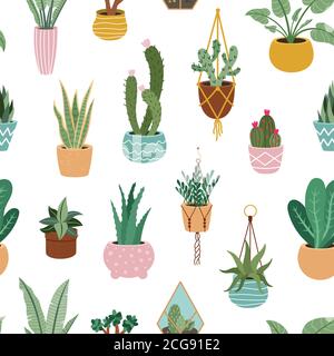 Home plants pattern. Seamless flower potted plant, decorative botanical indoor houseplant, home potted plants vector background illustration Stock Vector