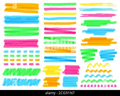 Highlight marker lines. Colorful doodle highlight marker lines, yellow markers stripes, pink line highlight marker sketch vector illustration set Stock Vector