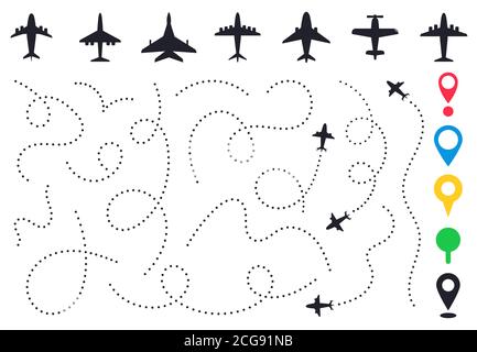 Plane route line. Planes dotted flight pathway, travel destination airplane track, planes and traveling routes vector illustration icons set Stock Vector