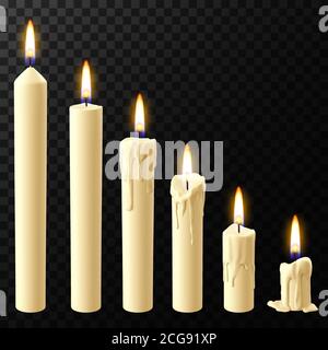 Realistic burning candle. Wax candles reflow stages, holiday xmas or church burning wick candles vector isolated realistic icons set Stock Vector