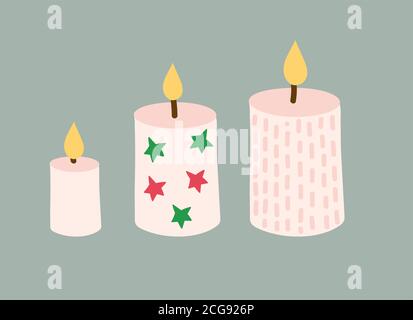 set of Christmas candles. Three beige candles are decorated with red and green stars, stripes and dots. cartoon vector illustration isolated on green Stock Vector