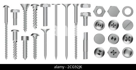 Realistic metal screws. Construction steel screw, hex cap nuts, rivets and bolts, drywall metal fastening vector illustration icons set Stock Vector