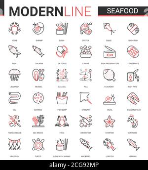 Seafood for shop cafe restaurant thin red black line icon vector illustration set. Outline food menu mobile app symbols collection of fish caviar, fresh salmon steak for cooking, crab octopus oyster Stock Vector