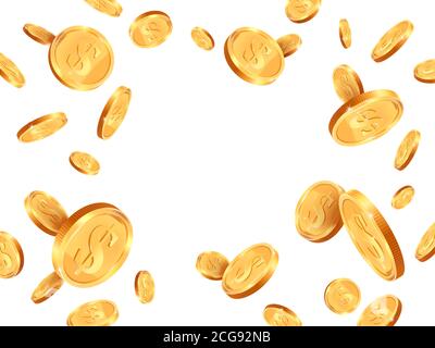 Realistic gold coins. Golden coins explosion backdrop, casino jackpot cash money concept, shiny 3D gold treasure vector background illustration Stock Vector