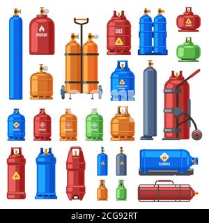 Gas cylinders. Propane, oxygen and butane metal containers, cylindrical helium tank, fuel storage gas bottle vector illustration icons set Stock Vector