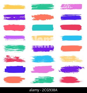 Coloured brush stroke. Grunge paintbrush stroke, dry paint scratch texture colorful brushes, messy splatter line vector illustration set Stock Vector