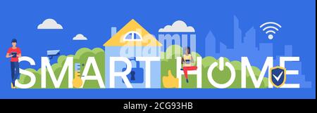 Smart home word vector illustration. Cartoon flat future tech house innovation concept with people using smartphone for housing, remote control of home device systems, futuristic technology background Stock Vector