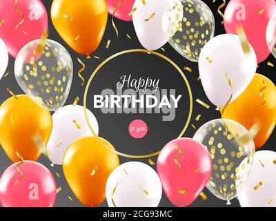 Realistic balloon greeting card. Celebrations balloon greeting party banner, 3d balloons with gold confetti vector background illustration Stock Vector
