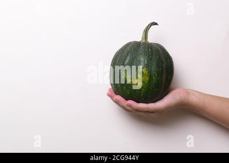 A hand holds a round dark green pumpkin on a yellow background. Minimalism concept. Horizontal orientation. Stock Photo