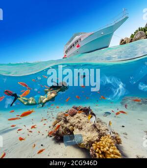 Young woman snorkeling, concept of global problem with plastic rubbish floating in the oceans. Stock Photo