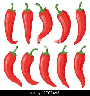 Red chilli peppers. Cartoon hot red mexican peppers, spicy peppers, hot burning seasoning vegetable isolated vector illustration icons set Stock Vector