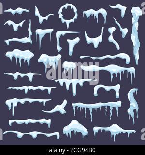 Winter snow icicle. Frosted icy blue borders, frozen snowcap, white icicles ice sign, frosted snow caps isolated vector illustration icons set Stock Vector