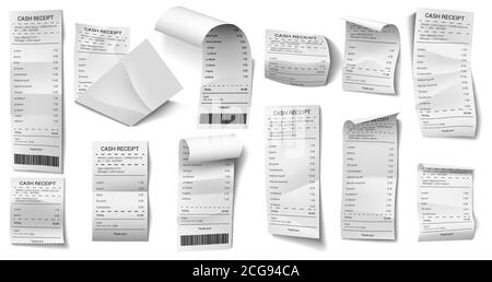Realistic paper check. Shopping purchase paper bill, 3d financial check, payment printed checks isolated vector illustration icons set Stock Vector