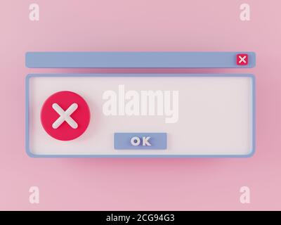 3d rendering error pop up window on pink background with copy space for text and message. Stock Photo