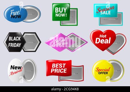 Realistic sale badges buttons. Special offer button badge, glossy colorful metal circle label isolated vector isolated icons set Stock Vector