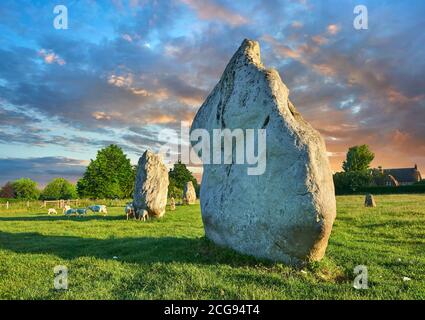 Avebury Neolithic standing stone Circle the largest in England at sunset, Wiltshire, England, Europe Stock Photo