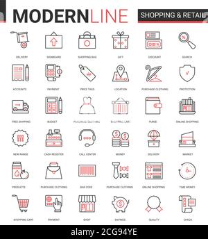 Shopping retail thin red black line icon vector illustration set. Linear commercial shop website app symbols for online order, free shopping delivery, customer web support call center editable stroke Stock Vector