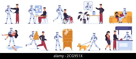 Robot helps human. Artificial intelligent personal assistant, robotic devices helps human owner, serving assisting vector illustration icons set Stock Vector