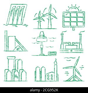 Set of renewable energy hand drawn icons Stock Vector