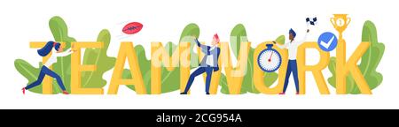 Teamwork word concept vector illustration. Cartoon flat businessman, manager or employee people team working to success win business competition next to big teamwork lettering isolated on white Stock Vector