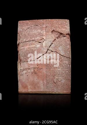 Hittite cuneiform clay tablet,  Hattusa, Hittite  Kingdom 1600-1200 BC, Bogazkale archaeological Museum, Turkey. Black background Stock Photo