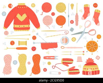 Knitting tools. Handmade creative winter hobby knitting needles, wool and thread, fall knit needlework supplies vector illustration icons set Stock Vector
