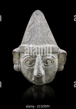 Hittite statue head of a god, Hittite capital Hattusa, Hittite Middle Kingdom 1650-1450 BC, Bogazkale archaeological Museum, Turkey. Black background Stock Photo