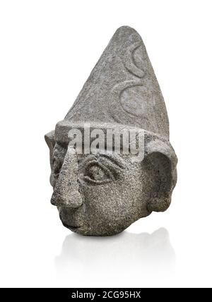 Hittite statue head of a god, Hittite capital Hattusa, Hittite Middle Kingdom 1650-1450 BC, Bogazkale archaeological Museum, Turkey. White background Stock Photo