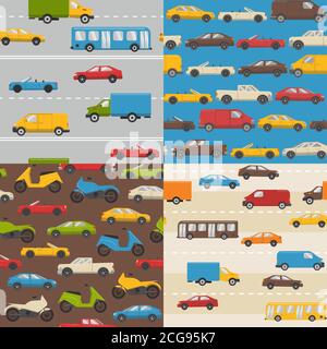 Set of seamless patterns with colorful cars Stock Vector