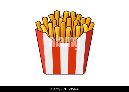 French fries potato tasty fast street food in red paper striped carton package box. Vector fastfood illustration isolated on white background Stock Vector